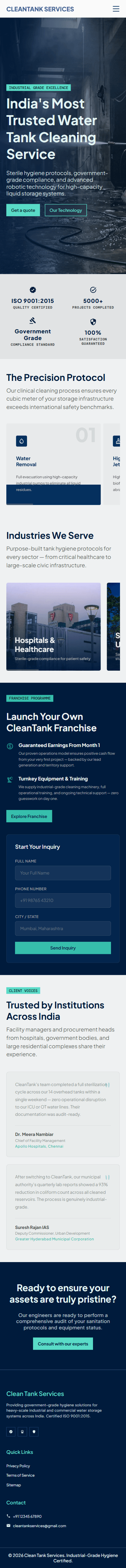 The same CleanTank homepage on a phone, with the navigation collapsed and the hero stacked